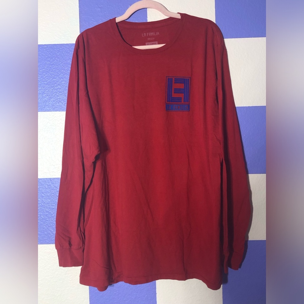NWT La Familia Red Long Sleeve Tee with Blue Logo - Size XXL